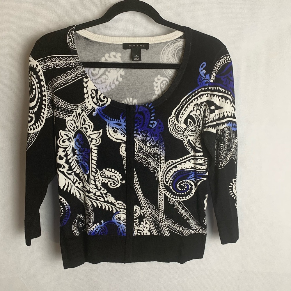 White House Black Market Black White and Blue Paisley Cardigan